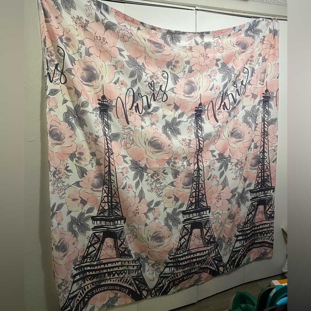 Floral Eiffel Tower Shower Curtain- Pink and Gray